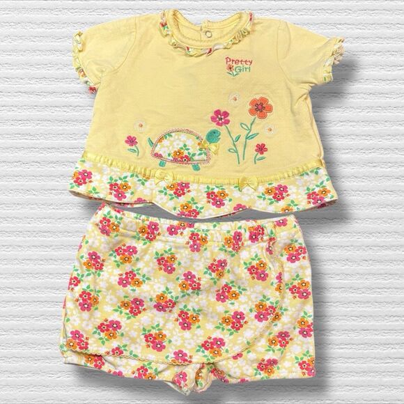 Children’s Place Baby Girl Outfit 3-6M Yellow Turtle Floral Top Skort Y2K Retro - Picture 1 of 5